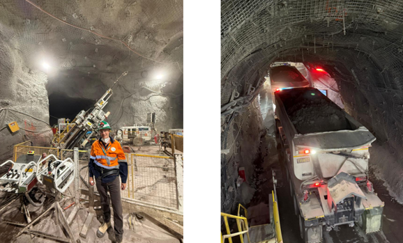 Lift 2 in-fill drilling on the Shivee Tolgoi license. / Road train delivering ore to underground crushers.
